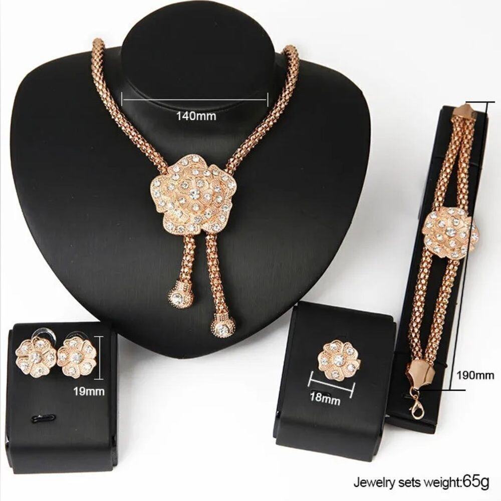 Camellia Flower Gold Tone Rhinestone 4pcs Necklace Set